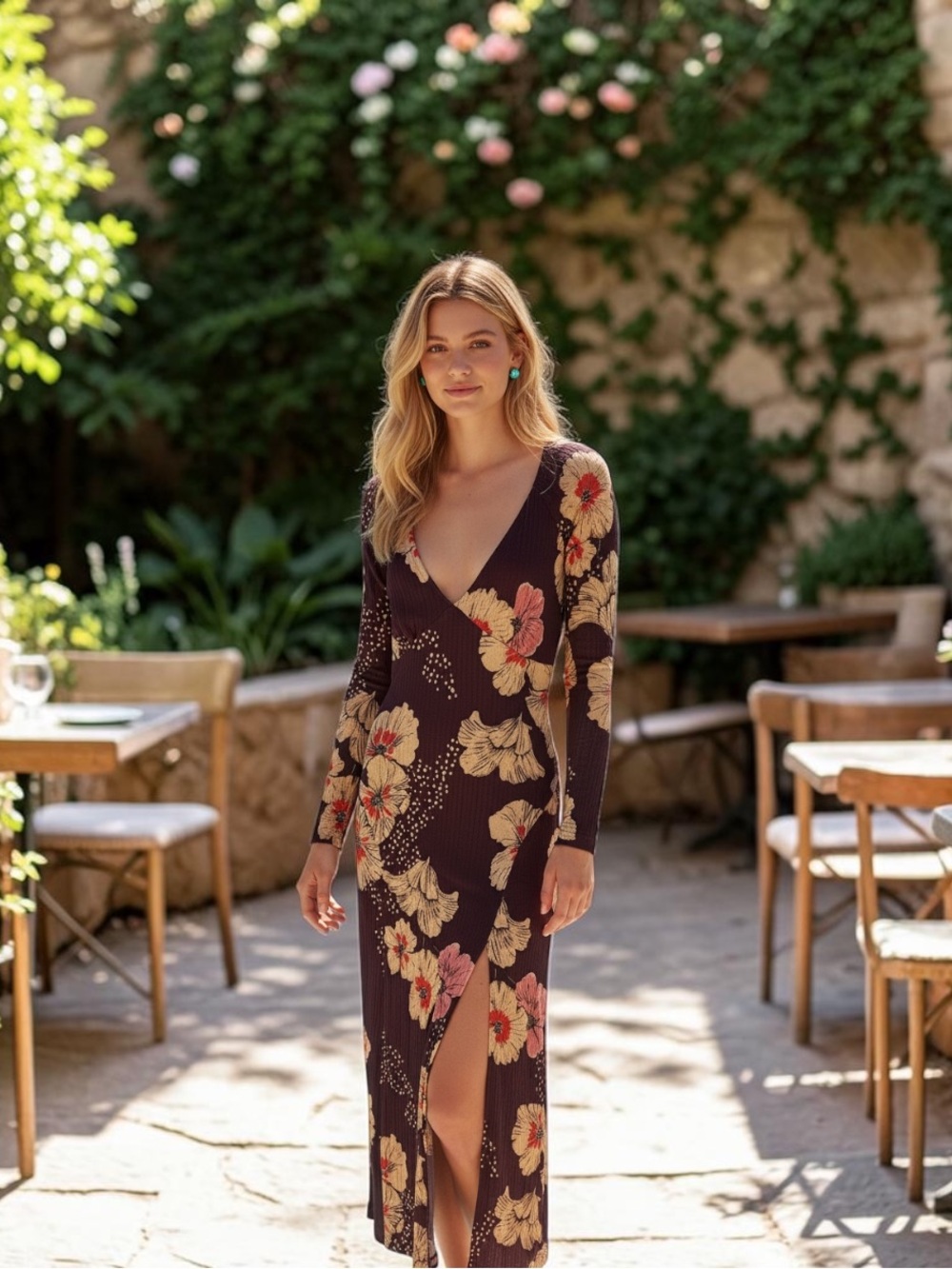Free People Sz M Maxi Dress Boho Plunge V-Neck Long Sleeves Slit Cut-Out Back